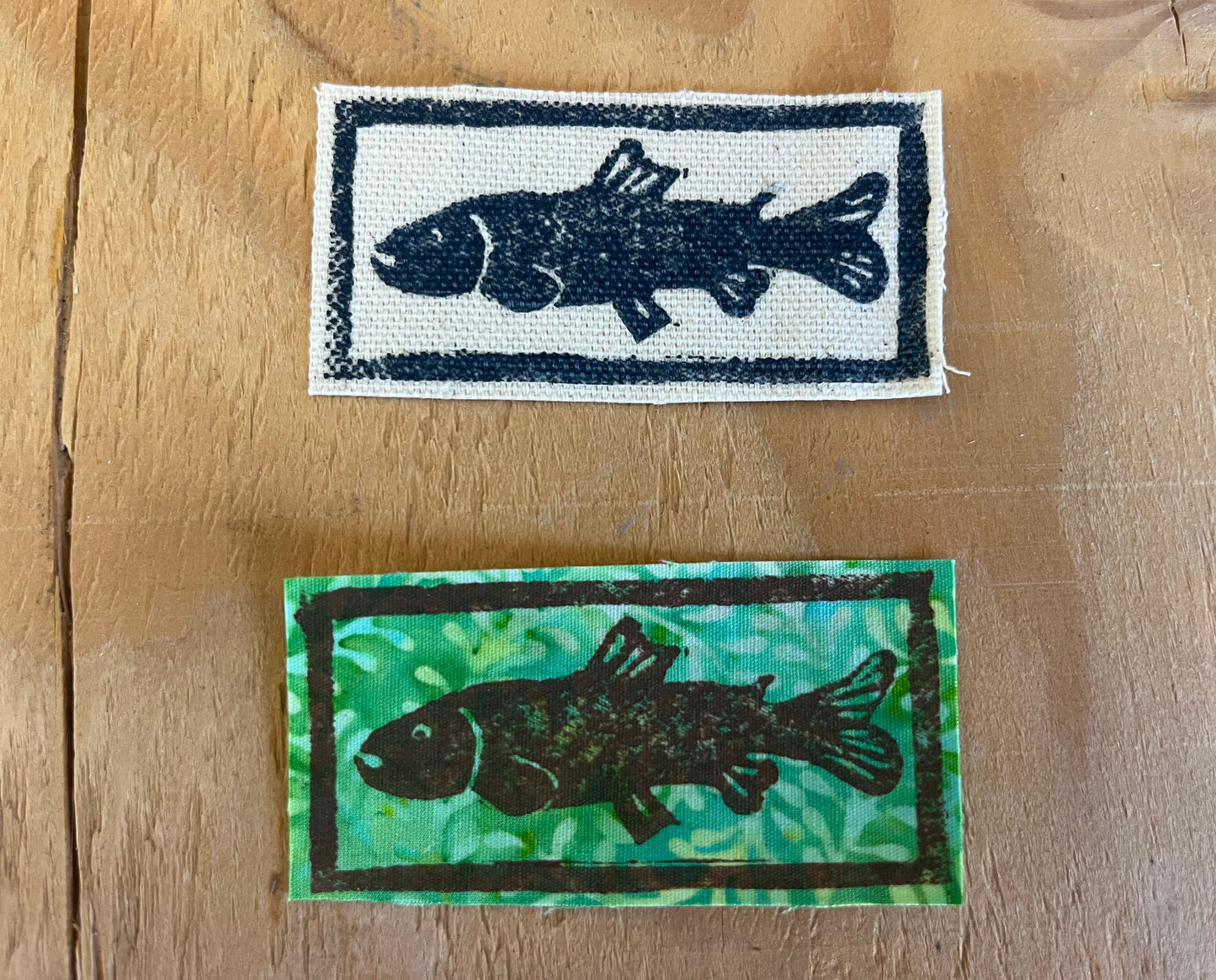 White or Green Fabric Block Fish Iron-On Patch