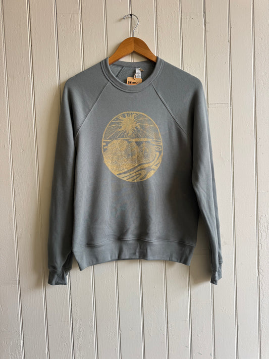 Otter Mama and Baby on Dusty Blue Crew Fleece